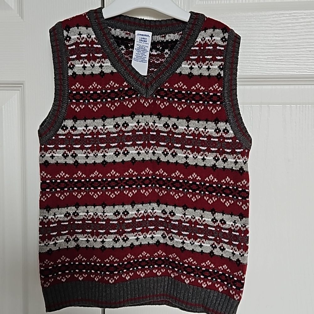 Gymboree Boy's V-neck Sleeveless Knitted Vest Gray & Burgundy 5 Years Old